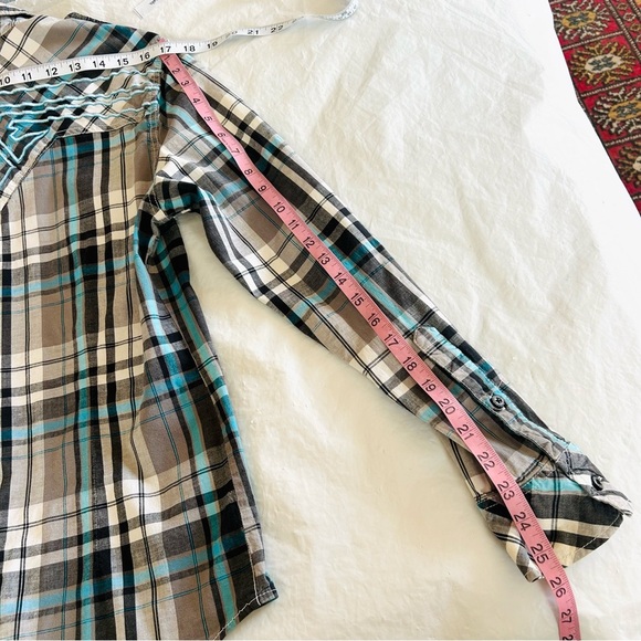 AFFLICTION VTG Y2K Mens Blue Plaid Embroidered Long Sleeve Slim Fit Shirt Size M - Picture 13 of 13